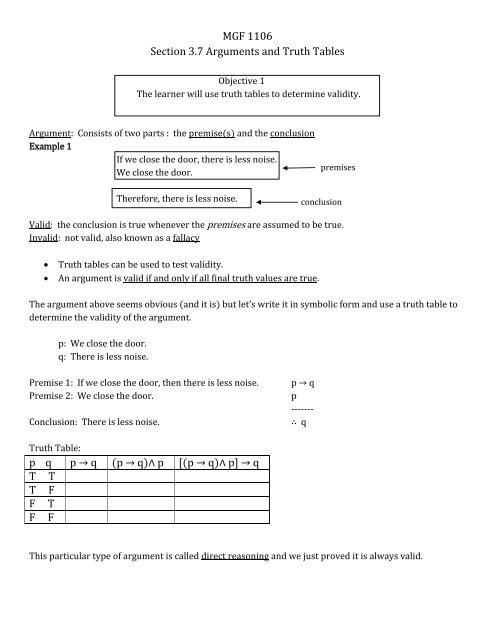 MGF 1106 Section 3.7 Arguments and Truth Tables p    q p Ã¢Â†Â’ q (p ...