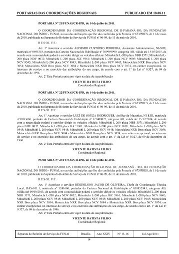 portarias das coordenaÃƒÂ§ÃƒÂµes regionais publicado em 18.08.11 - Funai