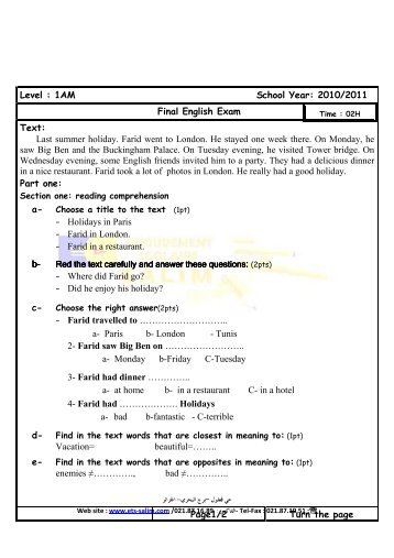 Level : 1AM School Year: 2010/2011 Final English Exam Text: Last ...
