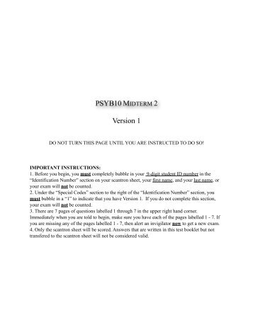 PSYB10 Midterm 2 - Version 1 - University of Toronto Scarborough