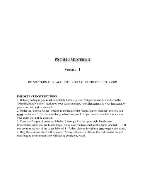 PSYB10 Midterm 2 - Version 1 - University of Toronto Scarborough