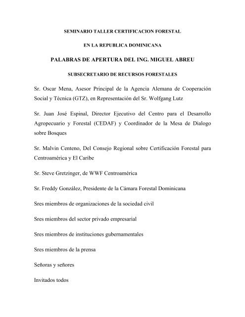 PALABRAS DE APERTURA DEL ING. MIGUEL ABREU Sr ... - CEDAF