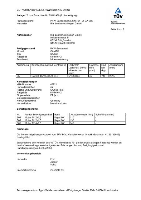 GUTACHTEN zur ABE Nr. 46221 nach Â§22 StVZO ... - autokola.cz