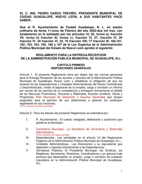 Reglamento para la Entrega-RecepciÃ³n - Municipio de Guadalupe