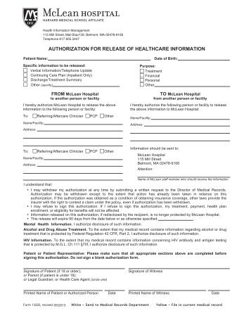 McLean Hospital Authorization For Release of Medical Records Form