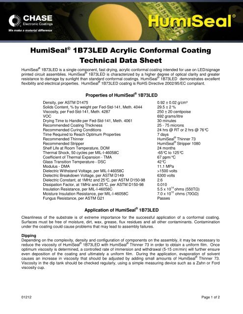 HumiSealÂ® 1B73LED Acrylic Conformal Coating Technical Data ...