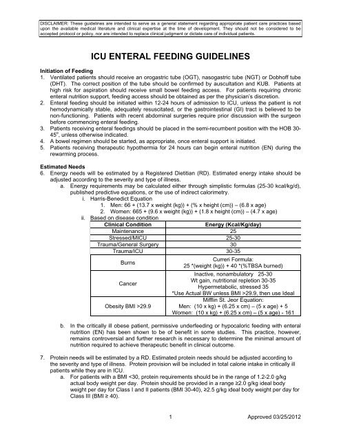 ICU ENTERAL FEEDING GUIDELINES - SurgicalCriticalCare.net