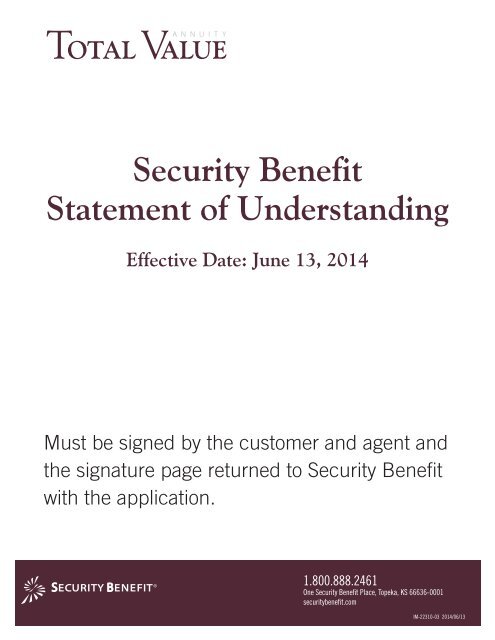 Security Benefit Statement of Understanding - Total Value Annuity