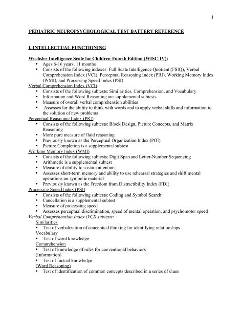 pediatric neuropsychological test battery reference