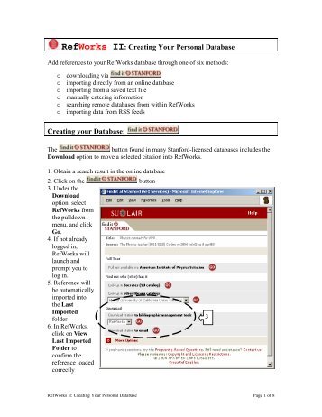 RefWorks II: Creating Your Database - Stanford University Libraries ...