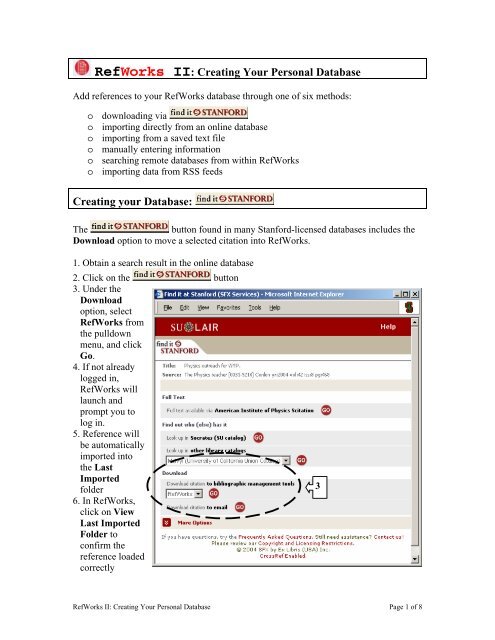 Refworks Database View RefWorks II: Creating Your Database - Stanford University Libraries ...