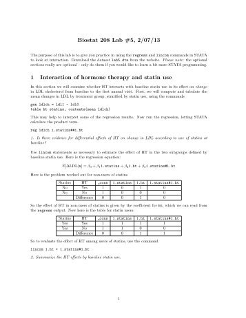 Biostat 208 Lab #5, 2/07/13 1 Interaction of hormone therapy and ...