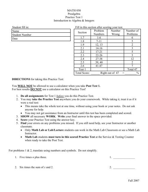 Math 050 Prealgebra Practice Test 1 Introduction To Algebra