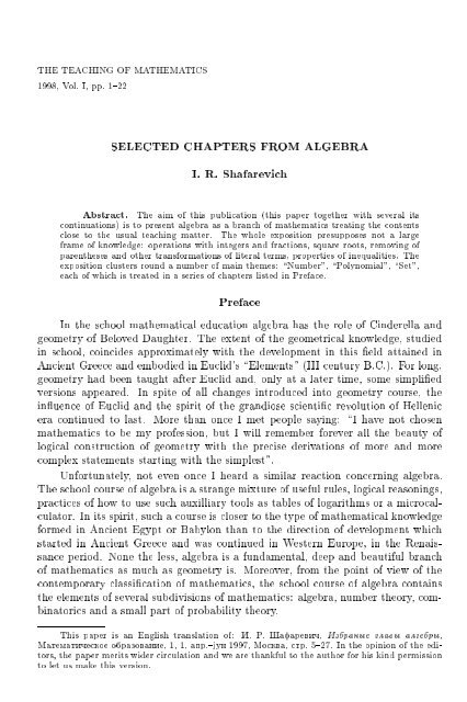SELECTED CHAPTERS FROM ALGEBRA I. R. Shafarevich Preface