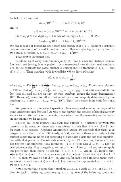 SELECTED CHAPTERS FROM ALGEBRA I. R. Shafarevich Preface