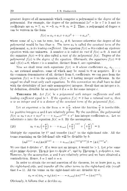 SELECTED CHAPTERS FROM ALGEBRA I. R. Shafarevich Preface