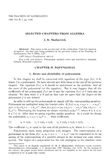 SELECTED CHAPTERS FROM ALGEBRA I. R. Shafarevich Preface