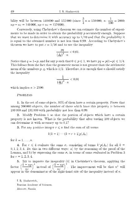 SELECTED CHAPTERS FROM ALGEBRA I. R. Shafarevich Preface