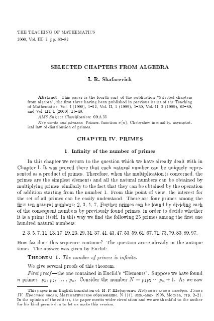 SELECTED CHAPTERS FROM ALGEBRA I. R. Shafarevich Preface