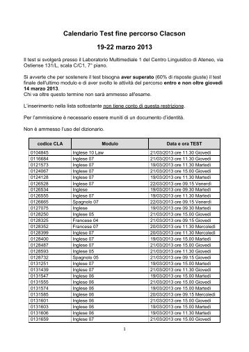 Calendario Test fine percorso Clacson 19-22 marzo 2013 - Centro ...