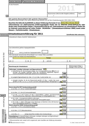 U 1 - UmsatzsteuererklÃ¤rung fÃ¼r 2011 (Formular) - Formulare