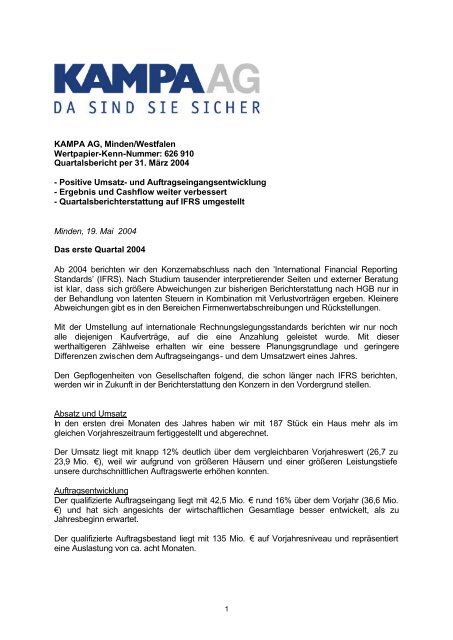 Bericht I. Quartal 2004 - KAMPA AG