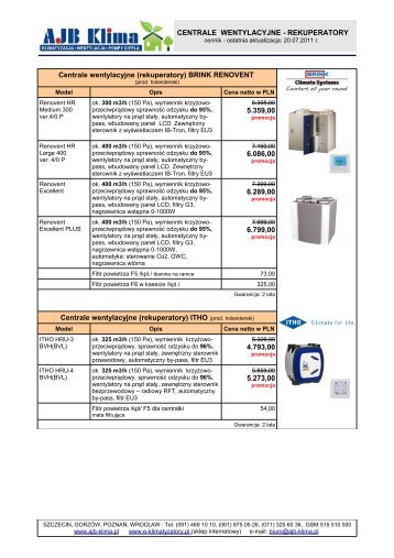 CENTRALE WENTYLACYJNE - REKUPERATORY ... - AJB Klima