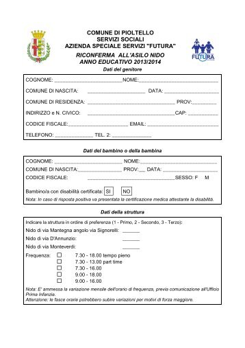 modulo riconferma anno educativo 2013 2014 - Comune di Pioltello