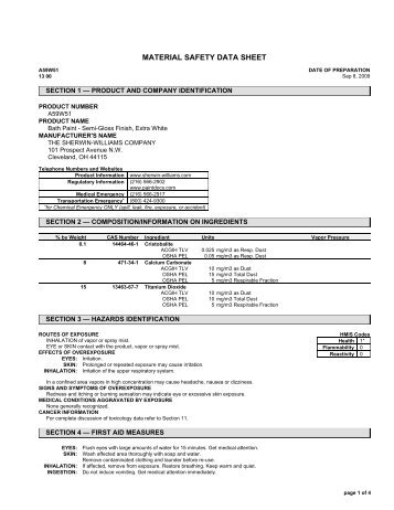 Sherwin Williams Bath Semi-Gloss Paint Material Safety Data Sheet