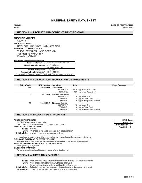 Sherwin Williams Bath Semi-Gloss Paint Material Safety Data Sheet