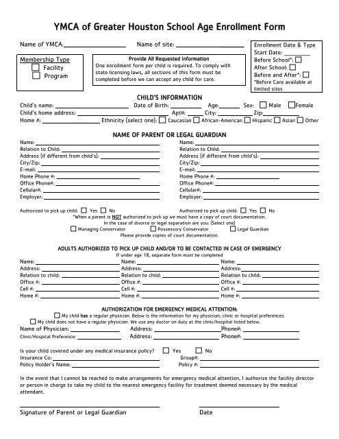YMCA of Greater Houston School Age Enrollment Form