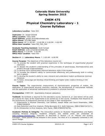 CHEM 475 Physical Chemistry Laboratory - 1 Course Syllabus