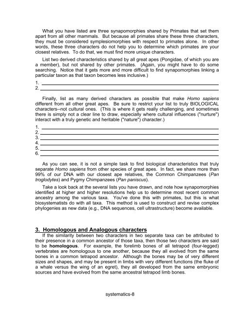 Evolution and Biodiversity Laboratory Systematics and Taxonomy I ...