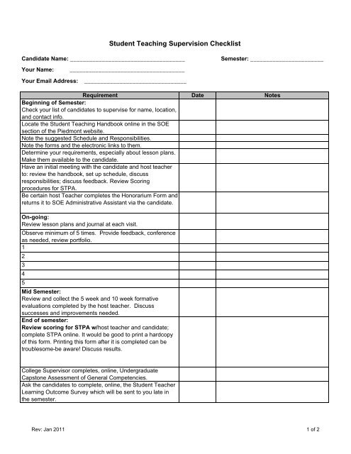 College Supervisor Checklist Eff Jan 2011.xlsx - Piedmont College