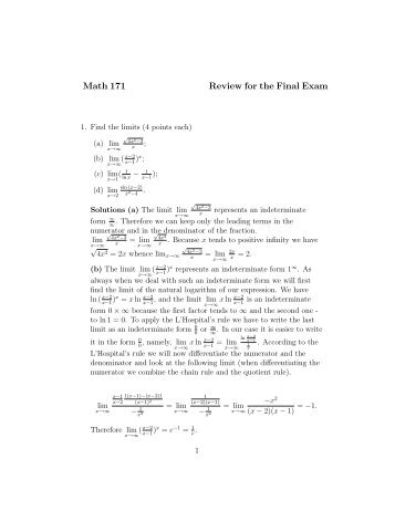 Math 171 Review for the Final Exam