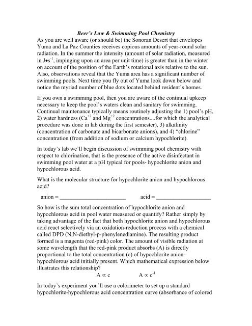 Beer's Law & Swimming Pool Chemistry