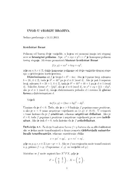 UVOD U TEORIJU BROJEVA Kvadratne forme zove se homogeni ...