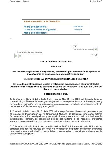 Resolución 015 de 2012 - Universidad Nacional de Colombia