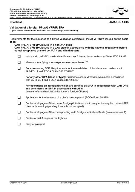 Checklist JAR-FCL 1.015 Validation of a foreign PPL(A ... - US-PPL