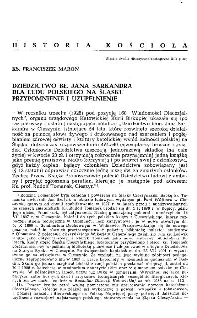 Dziedzictwo bÅ. Jana Sarkandra dla Ludu Polskiego na ÅlÄsku ...