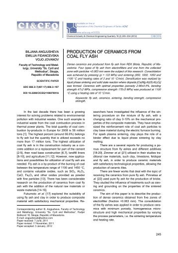 PRODUCTION OF CERAMICS FROM COAL FLY ASH - doiSerbia