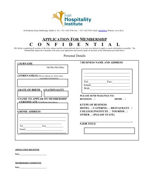 Application Form - Irish Hospitality Institute
