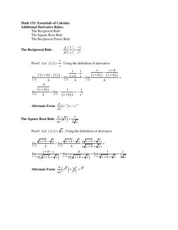 Math 131: Essentials of Calculus Additional Derivative Rules: The ...