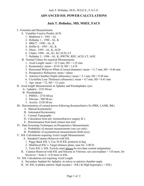 ADVANCED IOL POWER CALCULATIONS Jack T ... - ascrs 2012