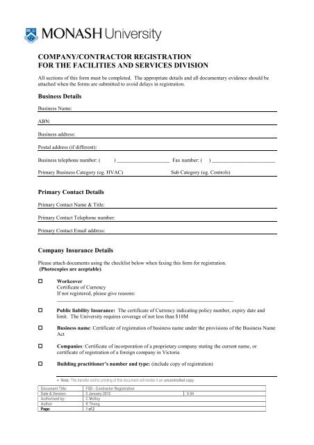 company/contractor registration for the facilities and services division
