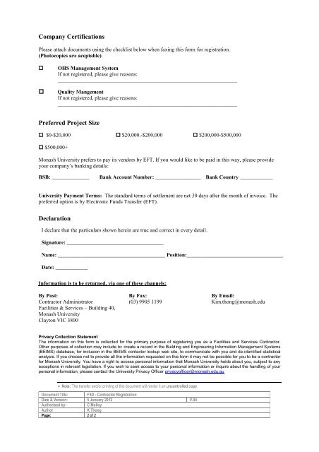 company/contractor registration for the facilities and services division