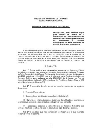 convocaÃ§Ã£o 3Âª chamada para escolha de cadeira no dia ... - Linhares