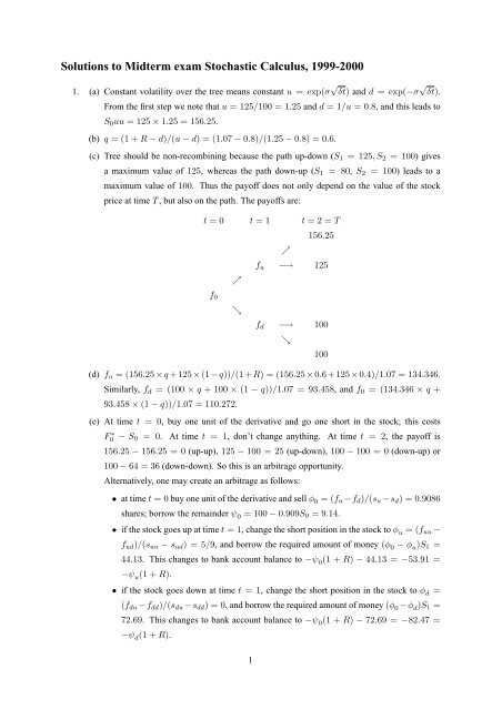 Solutions to Midterm exam Stochastic Calculus, 1999-2000