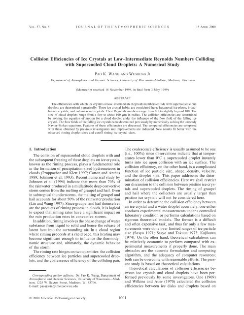 Collision Efficiencies of Ice Crystals at LowâIntermediate Reynolds ...