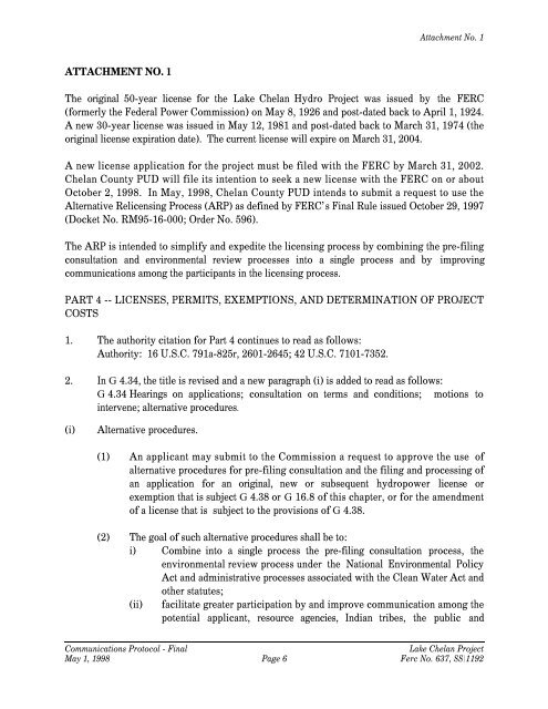 communications protocol lake chelan hydroelectric project ferc no. 637